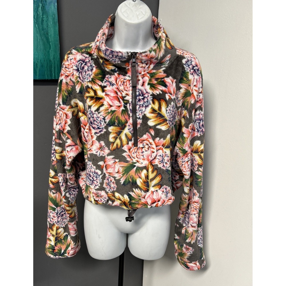 Urban Outfitters Women's Large Cropped Fleece 1/4 Zip Cozy Floral Colorful Artsy